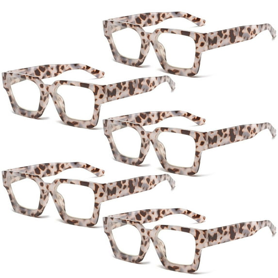 5 Pairs of Leopard Print Thick Oversize Square Candy Color Reading Glasses 3.00 for Women and Men, Stylish Blue Light Blocking Spring Hinge Readers +3.00