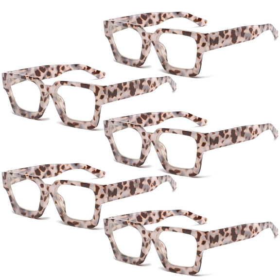 5 Pairs of Leopard Print Thick Oversize Square Candy Color Reading Glasses 3.50 for Women and Men, Stylish Blue Light Blocking Spring Hinge Readers +3.50