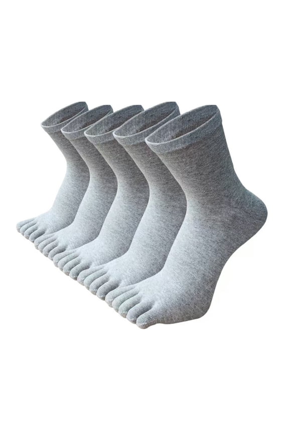 5 Pairs Light Gray Men's Cotton Five Finger Crew Socks, Breathable Athletic Running Toe Socks One Size Fits Most US 6-14
