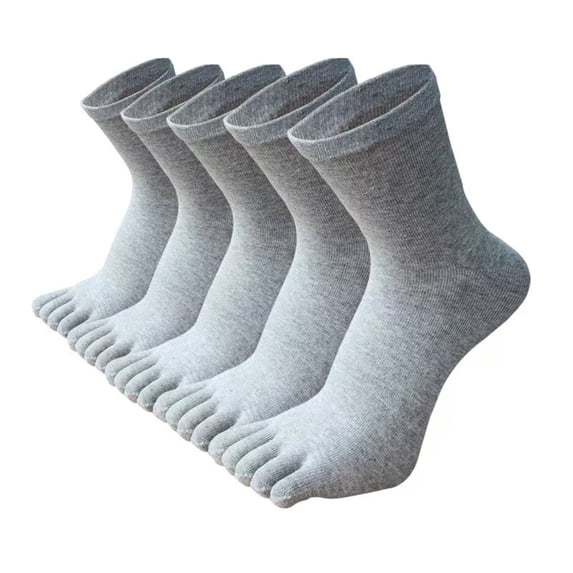 5 Pairs Light Gray Men's Cotton Five Finger Crew Socks, Breathable Athletic Running Toe Socks One Size Fits Most US 6-14