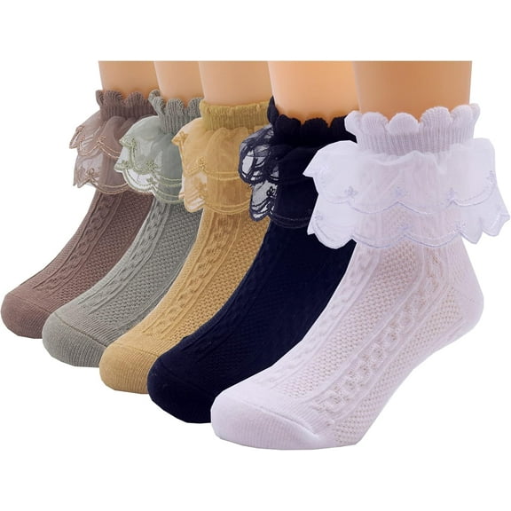 5 Pairs Little Girls Ruffle Lace Trim Cotton Socks Toddler Baby Girl Eyelet Frilly Dress Socks