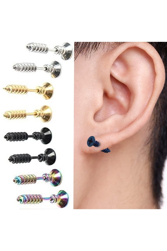 5 Pairs Men Unisex Stainless Steel Piercing Cross Screws Hoop Earrings Ear Stud