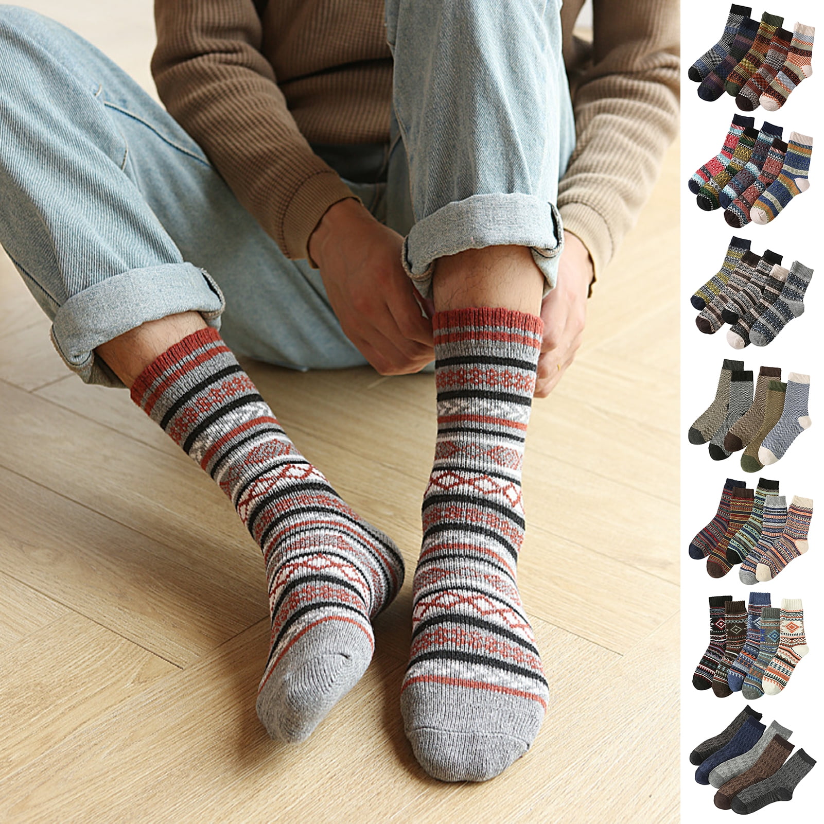 5 Pairs Men Winter Socks Mid-tube Thick Thermal Insulation Ethnic Style ...