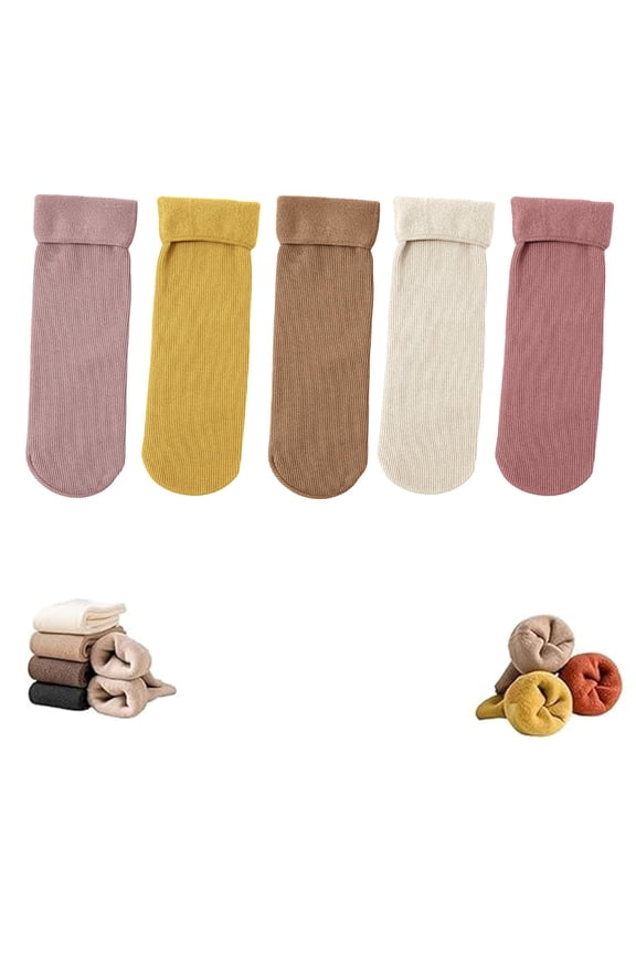 5 Pairs Men Women Mid Calf Socks, Thin Fleece Lined Thermal Socks for Winter, Unisex Ankle Socks Pack, 5 Different Colors with Outdoor & Home Styles Khaki