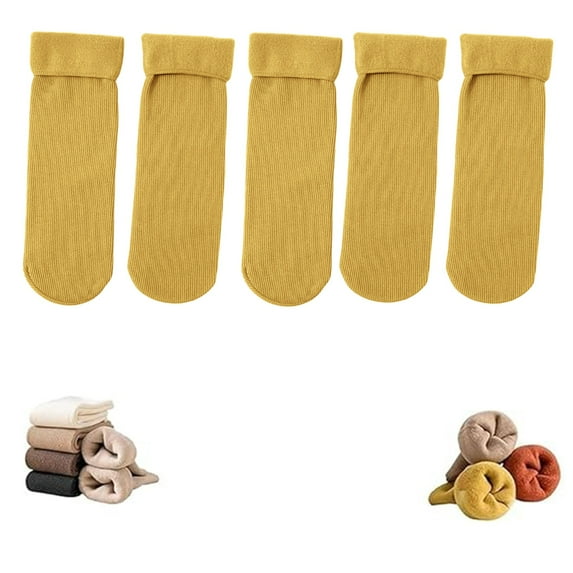 5 Pairs Men Women Mid Calf Socks, Thin Fleece Lined Thermal Socks for Winter, Unisex Ankle Socks Pack, 5 Different Colors with Outdoor & Home Styles Yellow