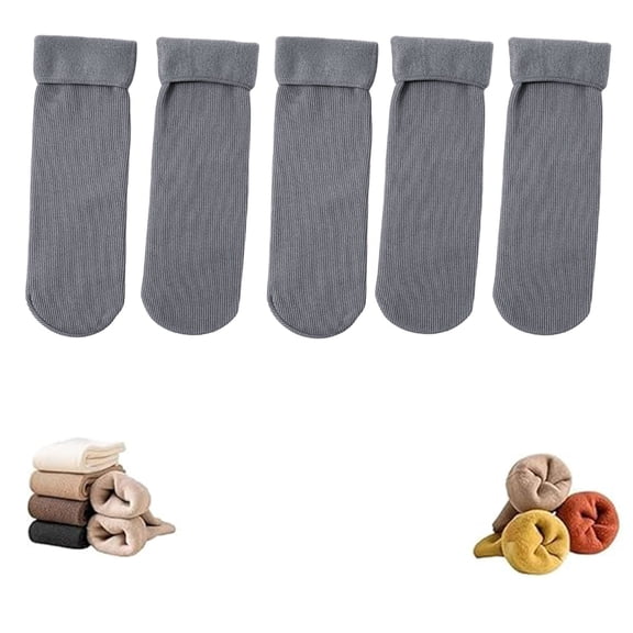 5 Pairs Men Women Mid Calf Socks, Thin Fleece Lined Thermal Socks for Winter, Warm Ankle Socks Pack for Indoor Outdoor, Unisex Fall Winter Socks Grey