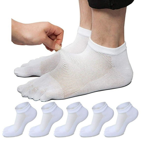 5 Pairs Men's Cotton Five Finger Toe Socks, Breathable and Soft Low Cut Athletic Running Socks with Separated Toes for Maximum Comfort, White, One Size