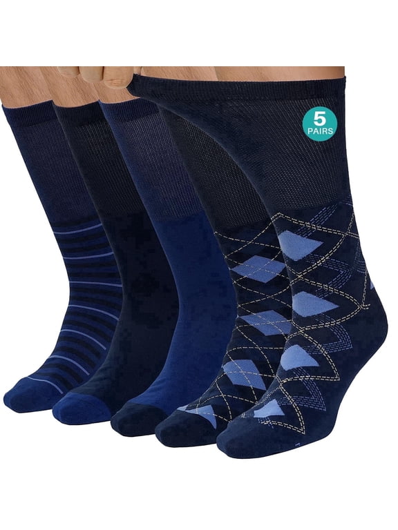 Diabetic Socks for Men, CaiDieNu 5 Pairs Mens Diabetic Socks, Wide Calf Non-Binding Moisture Cotton Mid Calf Socks, Loose Fit Comfort Seamless Toe, Classic Argyle & Stripe Patterns
