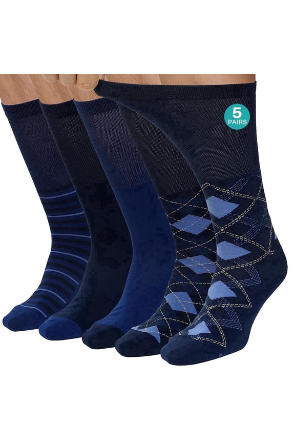 Diabetic Socks for Men, CaiDieNu 5 Pairs Mens Diabetic Socks, Wide Calf Non-Binding Moisture Cotton Mid Calf Socks, Loose Fit Comfort Seamless Toe, Classic Argyle & Stripe Patterns