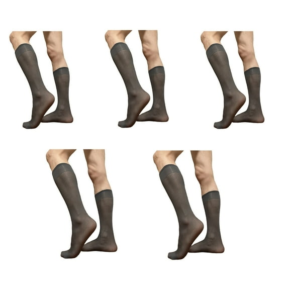 5 Pairs Men's Elegant Business Dress Striped Knee High Socks Comfortable Silky Thin Nylon Long Stockings for Formal Wear