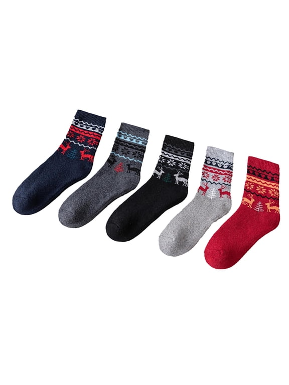 5 Pairs Men's Faux Wool Winter Socks Vintage Deer Pattern Thermal Warm Athletic Socks for Business and Leisure Activity