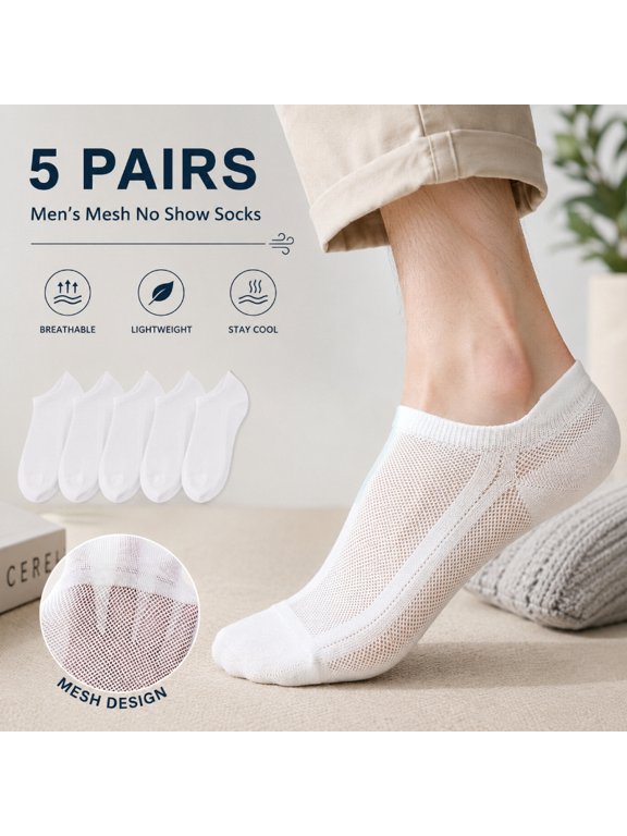 5 Pairs Men's Mesh No Show Socks, Breathable Lightweight Low Cut Athletic Socks, Stretch Casual Sports Socks for Running, Walking, Travel, Gym, Office and Everyday Comfort