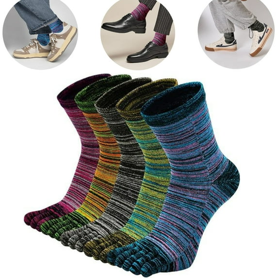 5 Pairs Men's Toe Socks Five Finger Striped Sock Running Athletic Cotton Ankle Sox,Sizes: 6.5-10 Thick Socks - Sweat Wicking and Odor Proof For Fall Winter