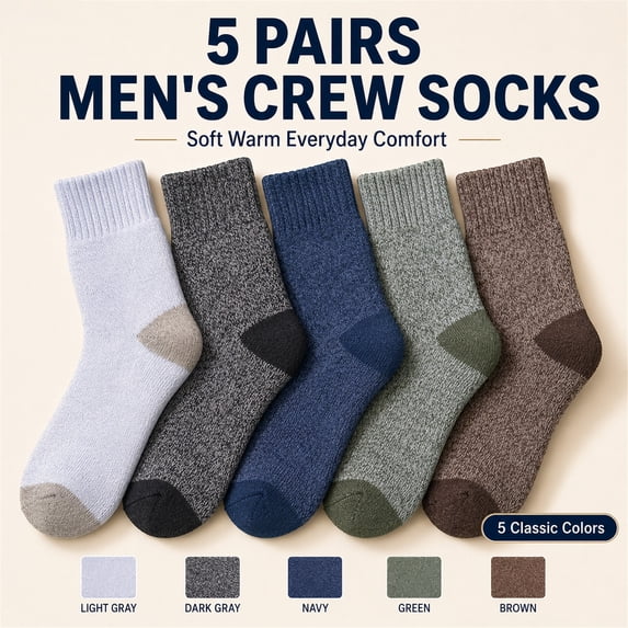 5 Pairs Men's Wool Loop Socks, Winter Warm Thick Socks, Men's Outdoor Home Casual Socks fits all sizes 8-12