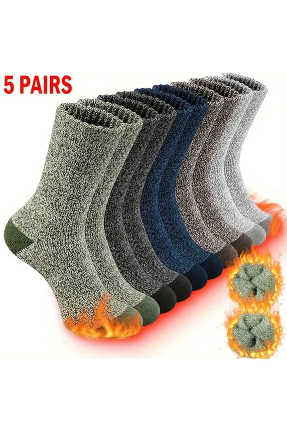 5 Pairs Men's Wool Loop Socks, Winter Warm Thick Socks, Men's Outdoor Home Casual Socks fits all sizes 8-12