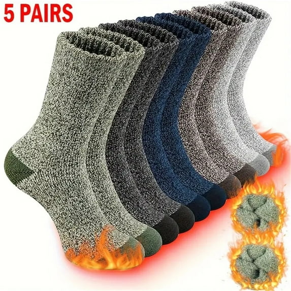 5 Pairs Men's Wool Loop Socks, Winter Warm Thick Socks, Men's Outdoor Home Casual Socks fits all sizes 8-12