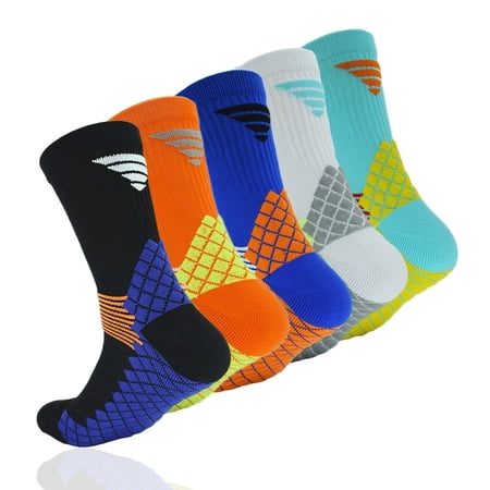 5 Pairs Mens Athletic Socks Elite Basketball Socks-Performance Thick Cushioned Sport Training Running Compression Crew Sock