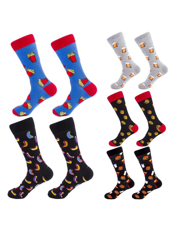5 Pairs Mens Novelty Funny Food-Themed Socks Colorful Cartoon Chips Hamburger Printed Casual Cotton Hosiery Gifts