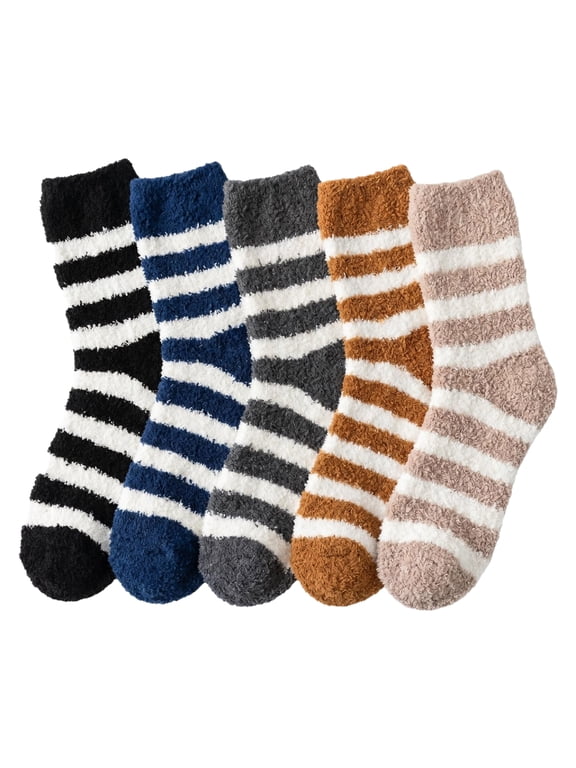5 Pairs Mens Plus Size Fuzzy Crew Socks Thick Winter Coral Fleece Striped Mid Calf Home Floor Socks Soft Plush Knit