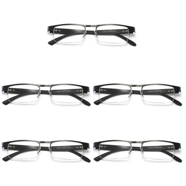 5 Pairs Mens Rectangular Metal Half Frame Reading Glasses Spring Hinge Black Readers +1.00