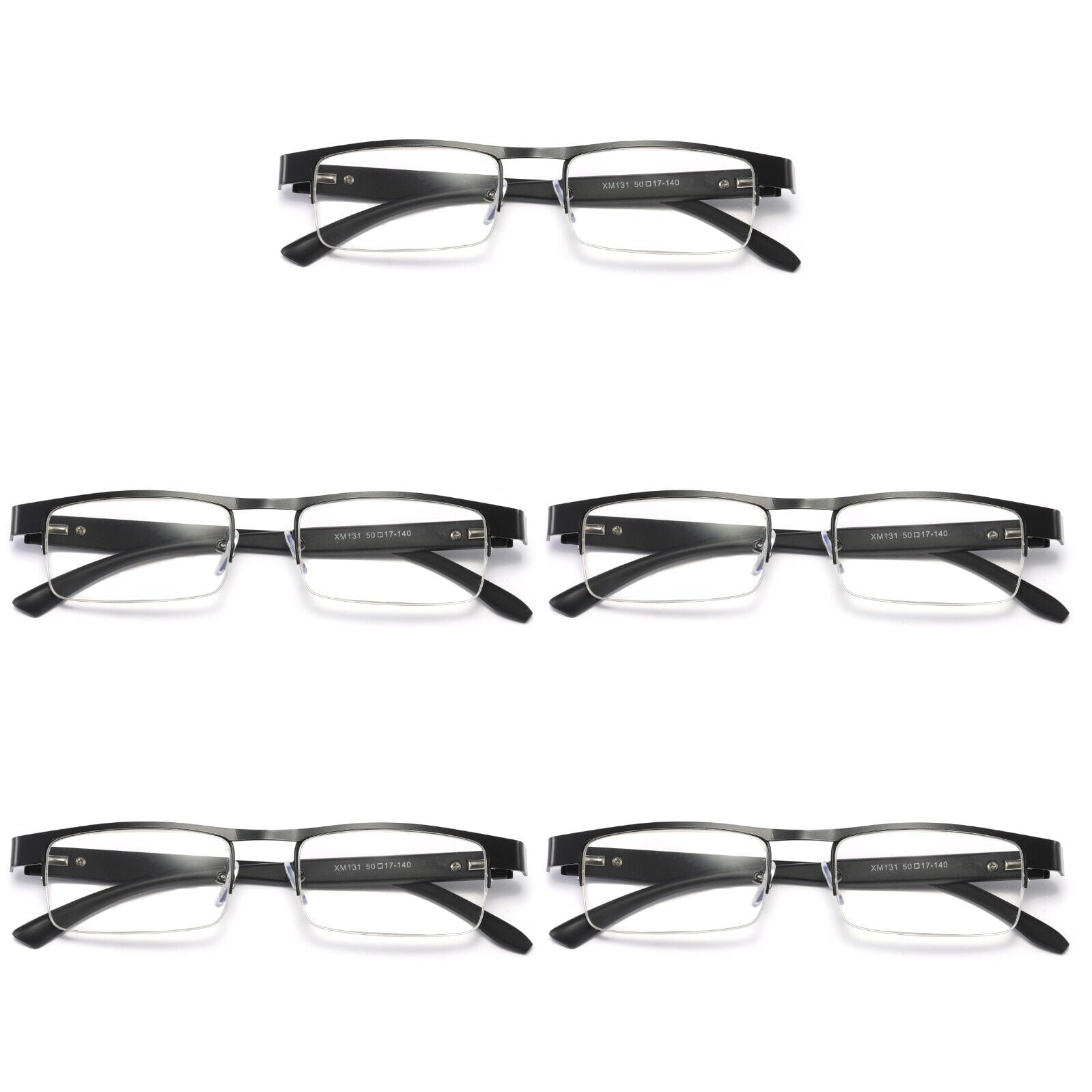 5 Pairs Mens Rectangular Metal Half Frame Reading Glasses Spring Hinge Black Readers +1.75