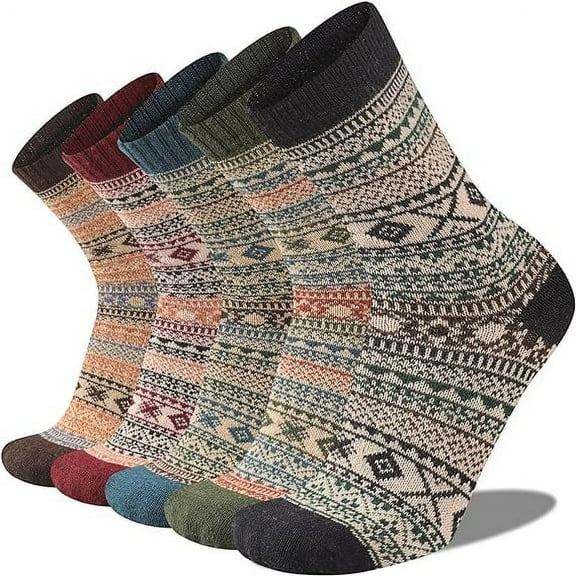 5 Pairs Mens Warm Wool Socks, Thermal Winter Thick Crew Pattern Socks Cold Weather