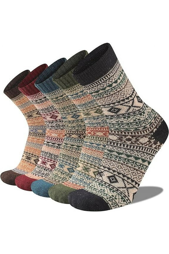5 Pairs Mens Warm Wool Socks, Thermal Winter Thick Crew Pattern Socks Cold Weather