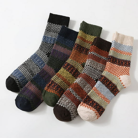 5 Pairs Mens Warm Wool Socks, Thermal Winter Thick Crew Pattern Socks Cold Weather