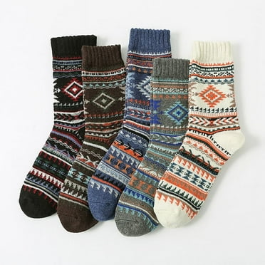 5 Pairs Mens Warm Wool Socks, Thermal Winter Thick Crew Pattern Socks Cold Weather