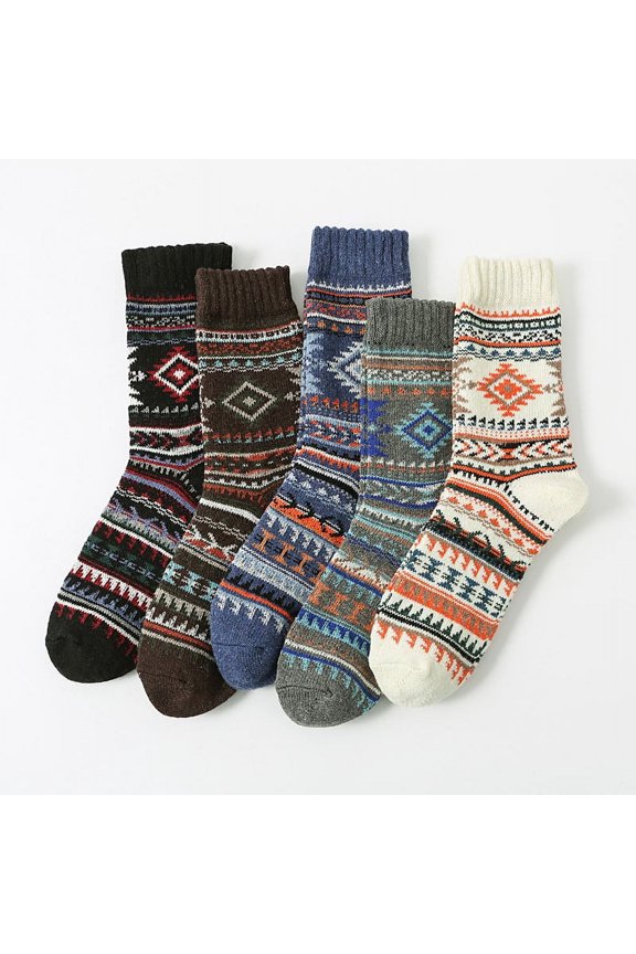 5 Pairs Mens Warm Wool Socks, Thermal Winter Thick Crew Pattern Socks Cold Weather