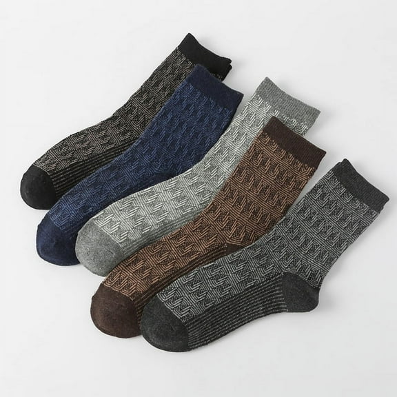 5 Pairs Mens Warm Wool Socks, Thermal Winter Thick Crew Pattern Socks Cold Weather
