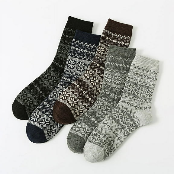 5 Pairs Mens Warm Wool Socks, Thermal Winter Thick Crew Pattern Socks Cold Weather