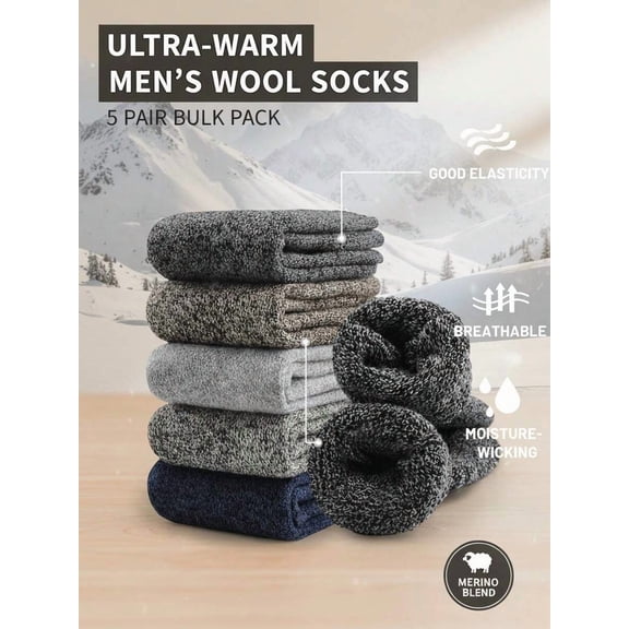5 Pairs Merino Wool Socks For Men, Thick Winter Wool Hiking Socks, Warm Breathable Crew Mens Socks