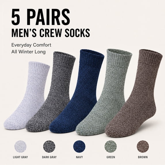 5 Pairs Merino Wool Socks for Men, Thick Winter Wool Hiking Socks, Warm Breathable Crew Mens Socks(Fit USA Size 7-13)