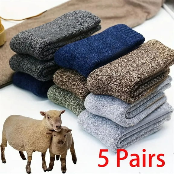 5 Pairs Merino Wool Socks for Men Thick Winter Wool Hiking Socks Warm Breathable Crew Mens Socks（Fit USA Size 7-13)
