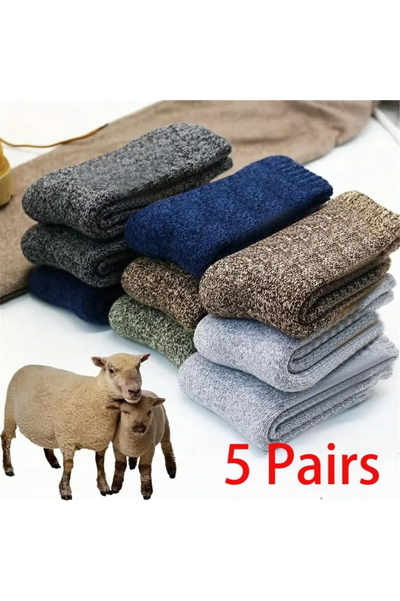 5 Pairs Merino Wool Socks for Men Thick Winter Wool Hiking Socks Warm Breathable Crew Mens Socks(Fit USA Size 7-13)