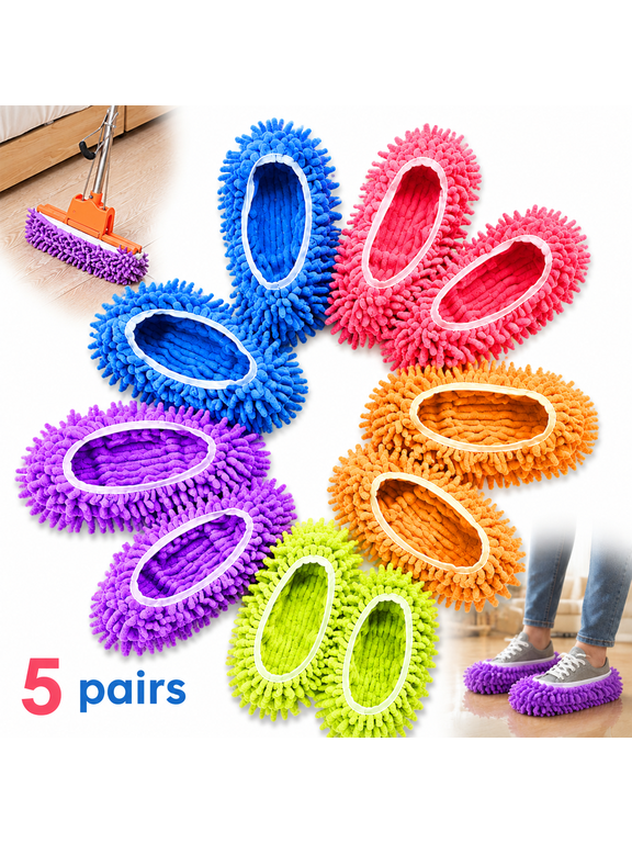 5 Pairs Microfiber Mop Slippers for Floor Cleaning , Reusable Washable Cleaning Shoes with Non-Slip Sole, House Slipper Socks for Dust, Pet Hair, Hardwood & Tile Floors , Indoor Cleaning Shoe Covers