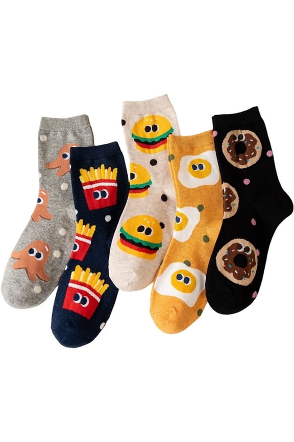 5 Pairs Mixed Color Unisex Socks with Cartoon Cute Hamburger and Fries Patterns , Casual Versatile Mid-Calf Socks