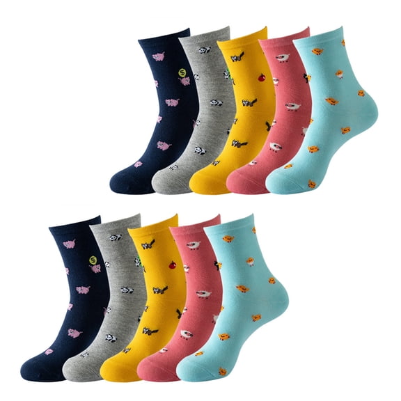 5 Pairs Multicolored Fun Pattern Printed Women's Socks Cotton Breathable Middle Calf Socks Birthday Holiday Gift