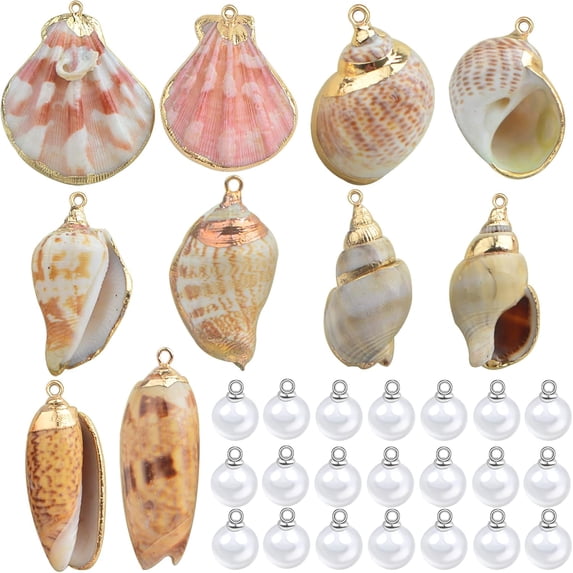 5 Pairs Natural Beach Shells 5 Styles Conch Seashell Charms and 30pcs 8 mm White Round Pearls Beads Handmade Accessories for DIY Necklace Bracelet Craft Supplies Wedding Gift