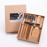 5 Pairs Natural Wood Chopsticks and 1 Moso Bamboo Rice Paddle Gift Set
