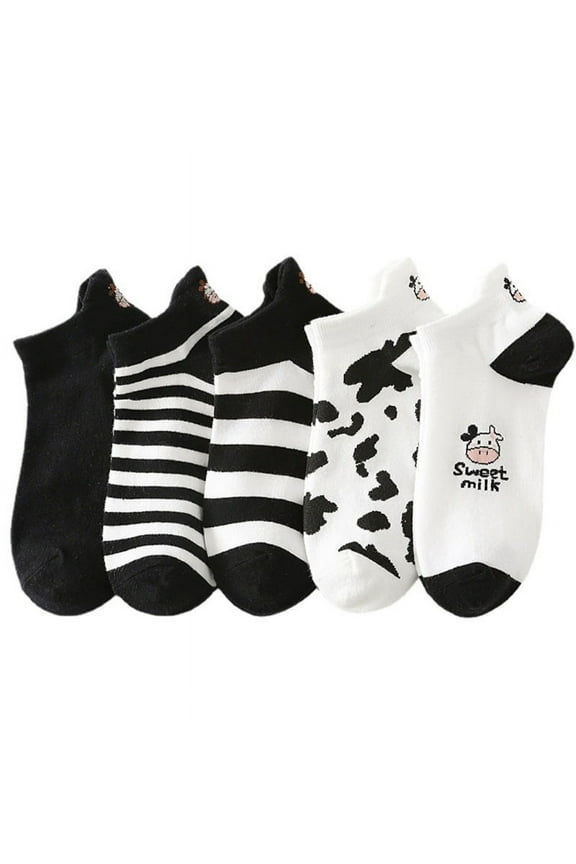 5 Pairs Novelty Cartoon Cow Animal Print Low Cut Boat Socks Women Girls Black White Casual Summer Cotton Tab Back Ankle Hosiery