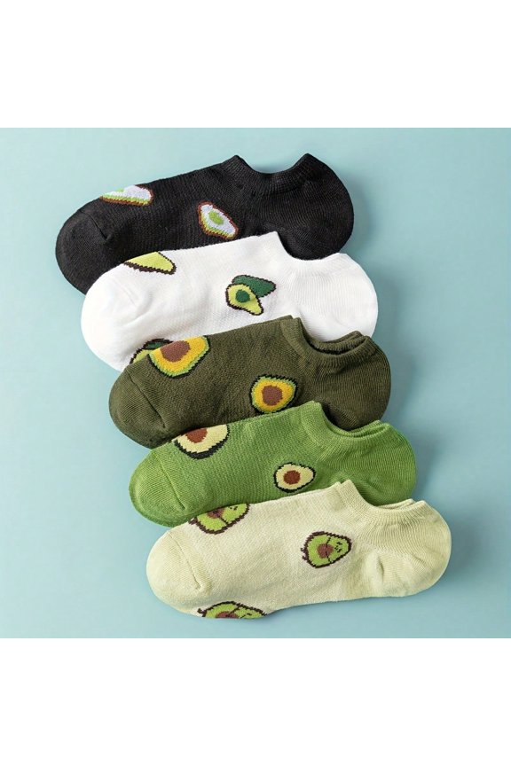 5 Pairs Of Avocado Print Socks, Soft And Lightweight Low-Cut Socks, Perfect For Daily Travel, Party, Leisure Women's Socks.