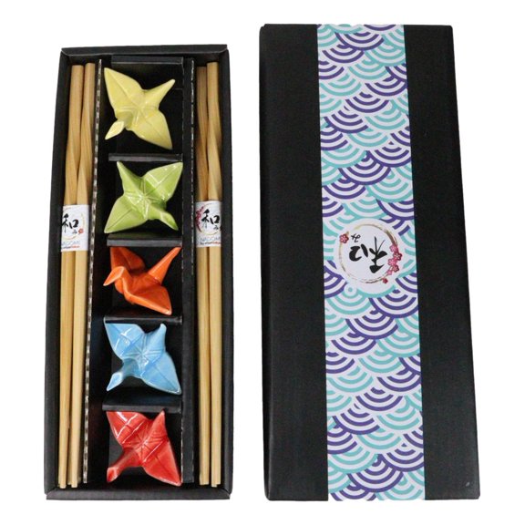 5 Pairs Of Colorful Origami Crane Birds Ceramic Rests With Wooden Chopsticks Set
