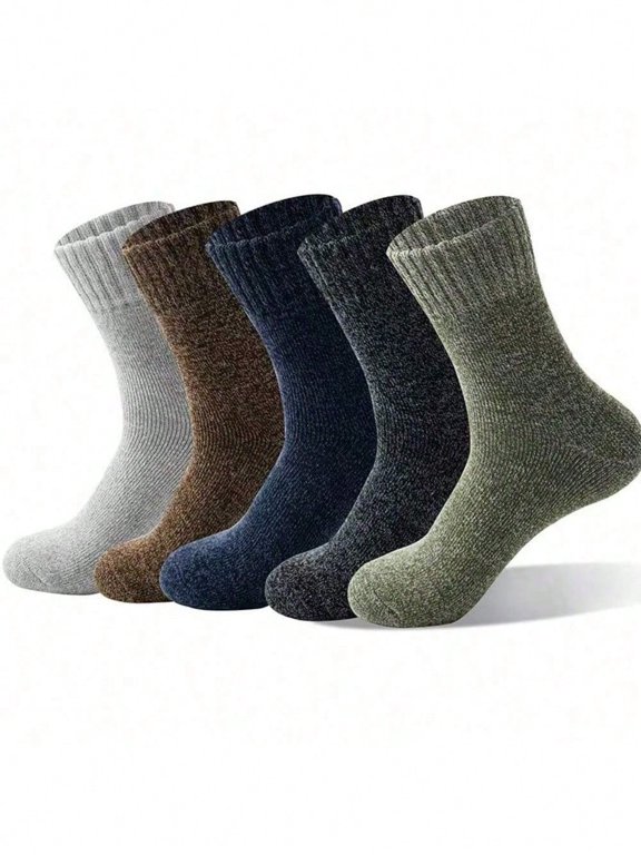 5 Pairs Of Mixed Color Men's Mid Length Socks, Warm And Thick Winter Long Socks, Knitted Fabric, Crew Socks Plush Couple Socks