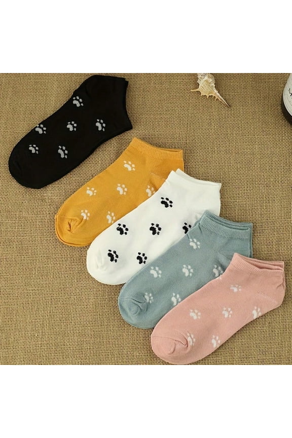 5 Pairs Of Short Socks With Personalized Cat Paw Pattern, Comfortable And Breathable, Cute And Fashionable For Women, Perfect Match.