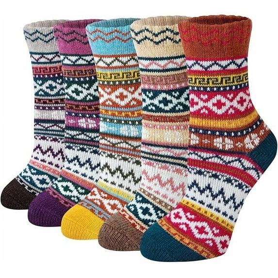 5Pack Winter Womens Socks, Soft Warm Thick Knit Wool Crew Socks, Casual Vintage Socks for Women