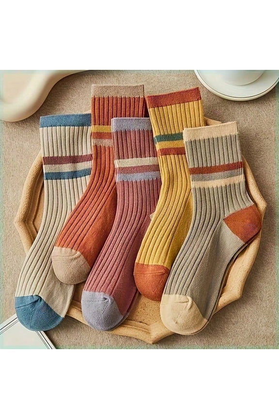 5 Pairs Of Striped Printed Socks, Comfortable, Soft, And Odor Resistant Mid Length Socks, Versatile Socks For Couples