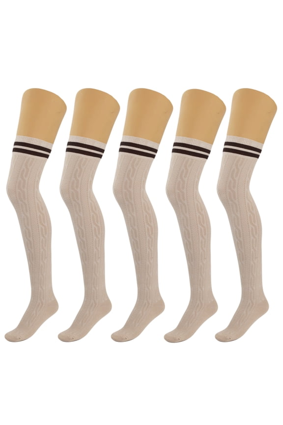 5 Pairs Over Knee Thigh Socks Knee-High Warm Stocking Women Boot Sock Leg Warmer High Socks - Beige