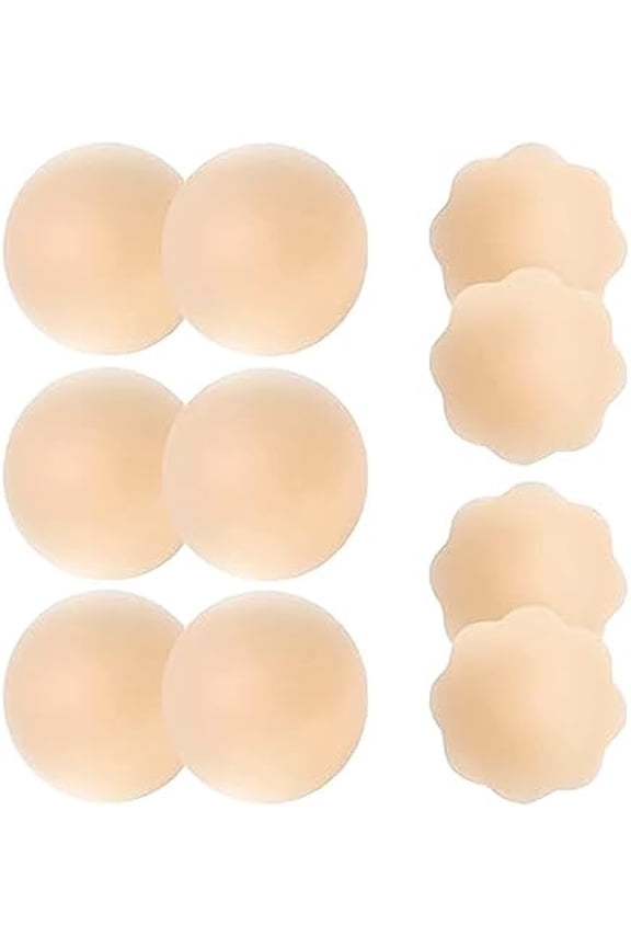 5 Pairs Pasties Women Nipple Covers Reusable Adhesive Silicone Nippleless Covers (3 Round+2 Flower) Beige